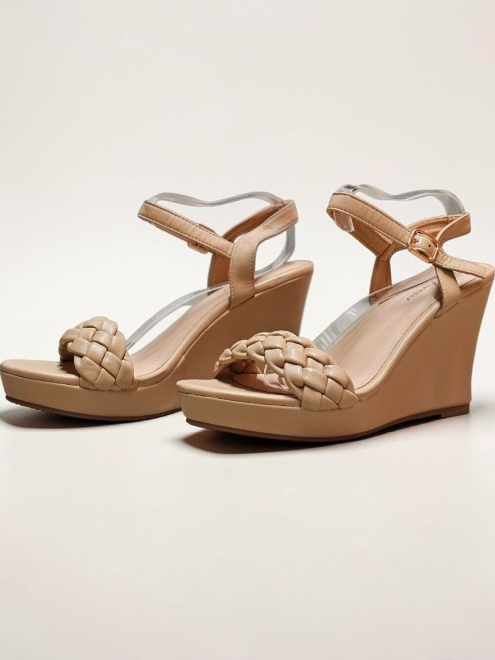 Braided Taupe Wedge Sandals With Adjustable Ankle Strap For Women